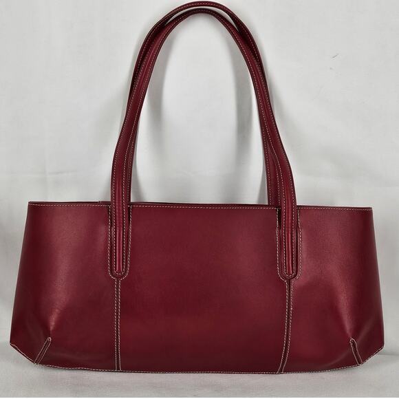 LANCEL WOMEN'S RED LEATHER - CREAM LINER TOP HANDLE HANDBAG W/ DUST BAG 15" x 7" - Picture 3 of 16